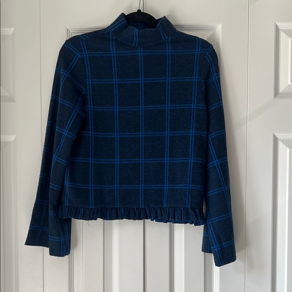 Navy Plaid Turtleneck Sweater with Ruffle Hem